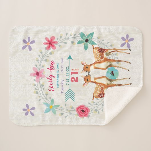 Deer Fawn Twin Baby Meisje Stats Waterverf krans Sherpa Deken (Voorkant (horizontaal))
