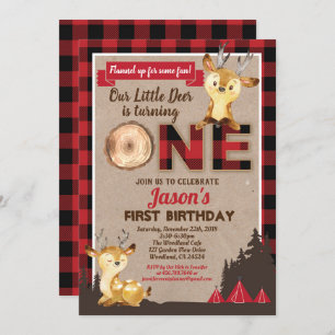 Deer first verjaardagslumberjack party red flannel kaart