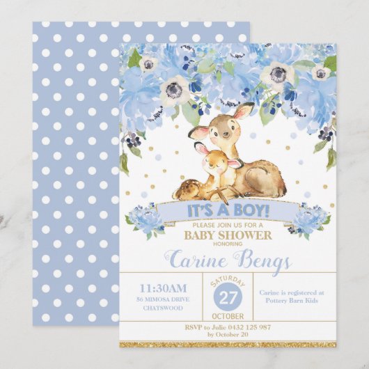Deer Floral Baby shower Invitation Boy Kaart (Voorkant / Achterkant)