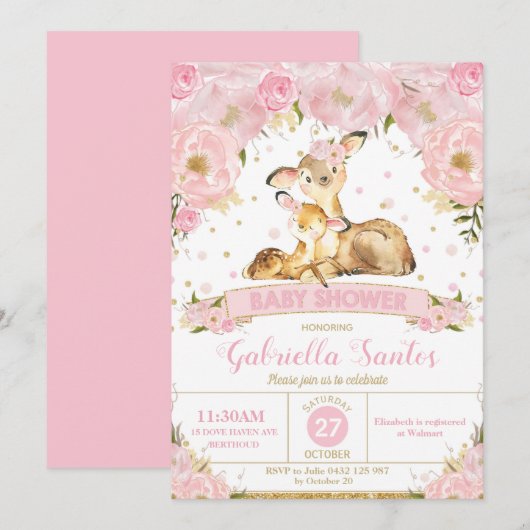 Deer Floral Baby shower Invitation Girl Kaart (Voorkant / Achterkant)
