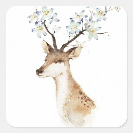 Deer Flower Antlers Vierkante Sticker (Voorkant)