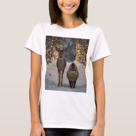 Deer & Fluffy Cat in a Snowy Christmas Forest  T-shirt (Voorkant)