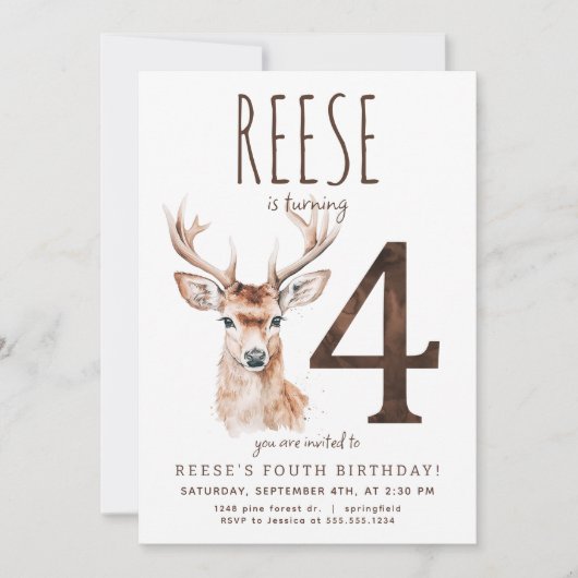 Deer fourth Birthday Invitation Kaart (Voorkant)