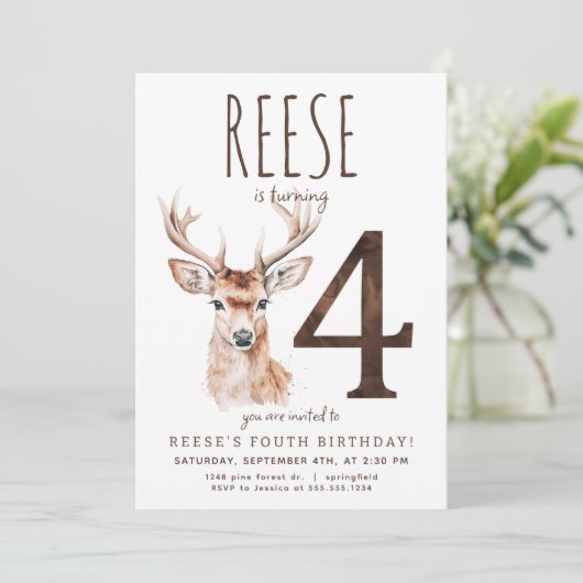 Deer fourth Birthday Invitation Kaart (Staand voorkant)