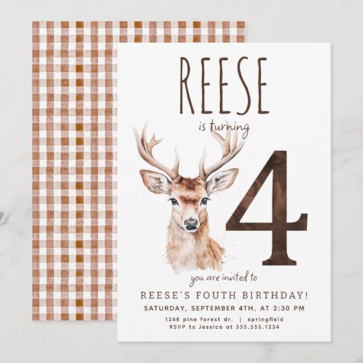 Deer fourth Birthday Invitation Kaart (Voorkant / Achterkant)