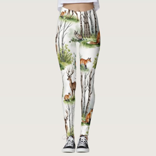 Deer Fox Forest Naadloos Patroon Leggings (Voorkant)