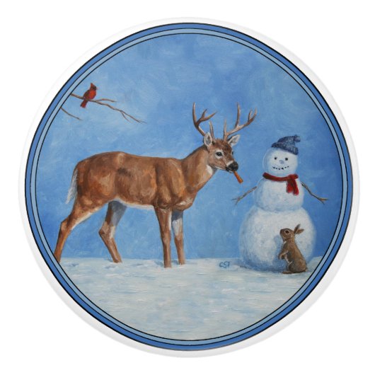 Deer & Funny Snowman Kerstmis Keramische Knop (Voorkant)
