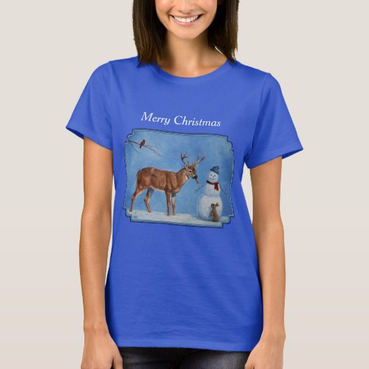 Deer & Funny Snowman Kerstmis T-shirt (Voorkant)