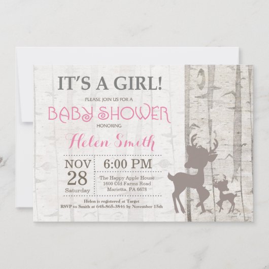 Deer Girl Baby shower Invitation Rustic Woodland Kaart (Voorkant)