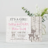 Deer Girl Baby shower Invitation Rustic Woodland Kaart (Staand voorkant)