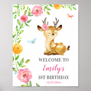 Deer Girl First Birthday Colorful Animal Welkom Poster