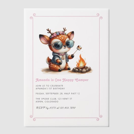 Deer Girl "One Happy Camper" 1e verjaardag Vellum Uitnodigingen (Voorkant)