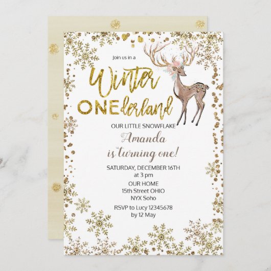 Deer Gold Winter whimsical Birthday Invitation Kaart (Voorkant / Achterkant)