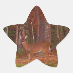 Deer, Green Grass Red en Gold leaves Ster Sticker