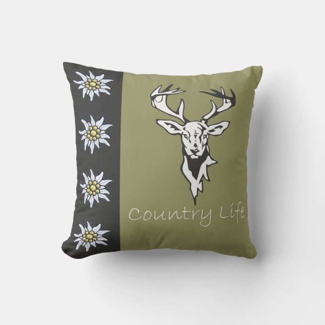 Deer Head Alpine Edelweiss Khaki Pillow Kussen (Voorkant)