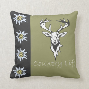 Deer Head Alpine Edelweiss Khaki Pillow Kussen