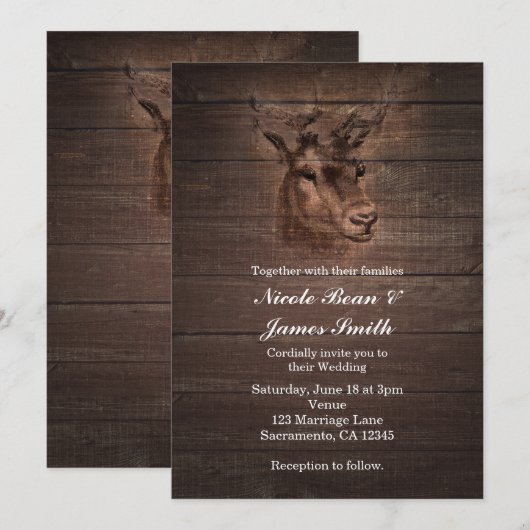Deer Head & Dark Rustic Wood Wedding Invitations Kaart (Voorkant / Achterkant)