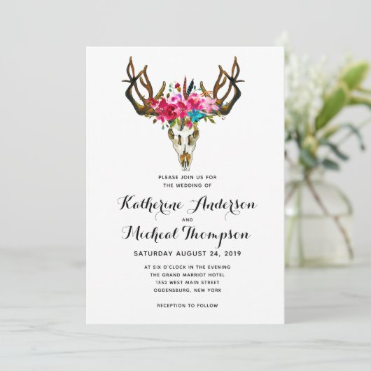 Deer Head Floral Wedding Kaart (Staand voorkant)