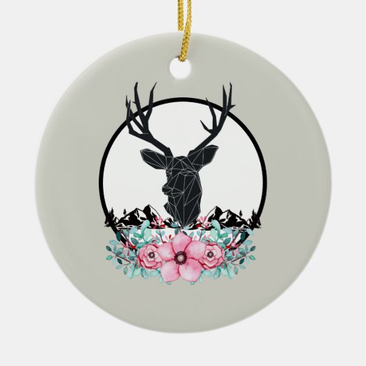 Deer Head met bloemen en bergachtige bruiloft Keramisch Ornament (Voorkant)