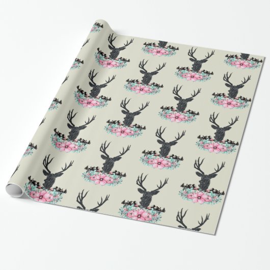 Deer Head, met bloemen en bergen Cadeaupapier (Uitgerold)