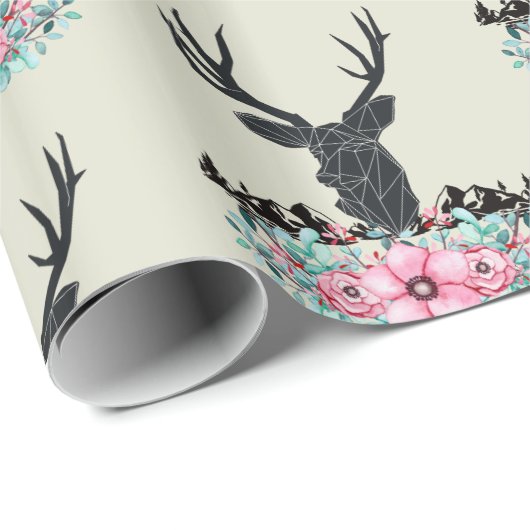 Deer Head, met bloemen en bergen Cadeaupapier (Rol Hoek)