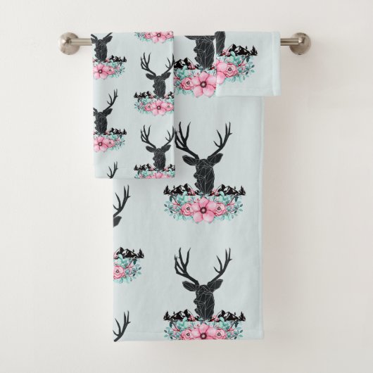 Deer Head met bloemen en bergen Patroon Bad Handdoek (Insitu)