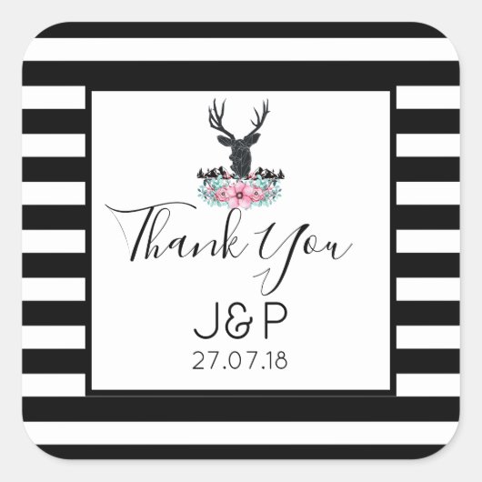 Deer Head met Flowers & Mountains Weddenschap Beda Vierkante Sticker (Voorkant)