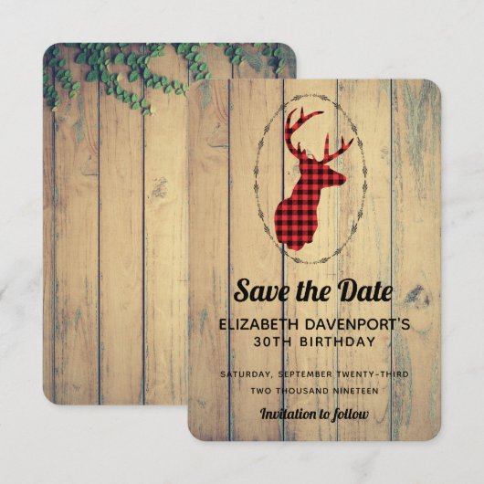 Deer head - Red Pset Rustic Save the Date (Voorkant / Achterkant)