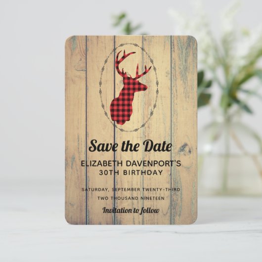 Deer head - Red Pset Rustic Save the Date (Staand voorkant)