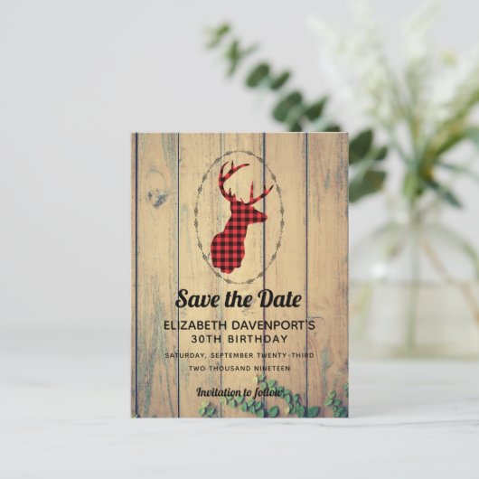 Deer head - Red Pset Rustic Save the Date Briefkaart (Staand voorkant)
