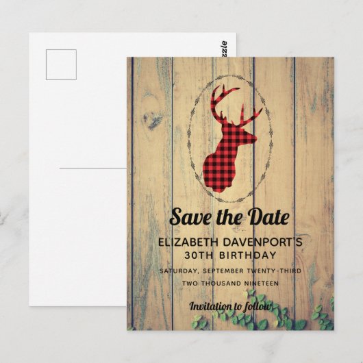 Deer head - Red Pset Rustic Save the Date Briefkaart (Voorkant / Achterkant)