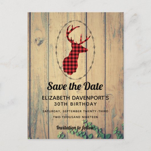 Deer head - Red Pset Rustic Save the Date Briefkaart (Voorkant)