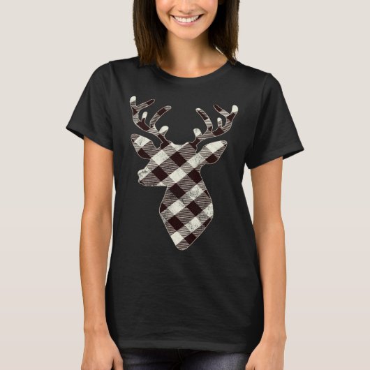 Deer Head  Retro White Buffalo Plaid Christmas T-shirt (Voorkant)