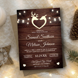Deer Heart String Lights Rustic Wood Wedding Kaart