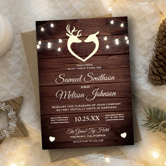 Deer Heart String Lights Rustic Wood Wedding Kaart