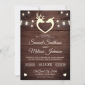 Deer Heart String Lights Rustic Wood Wedding Kaart (Voorkant)