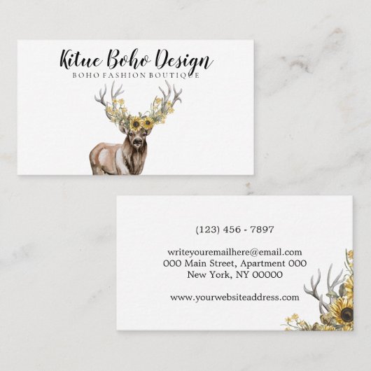 Deer Horn Antler Logo SunFlower Waterverf Visitekaartje (Voorkant / Achterkant)