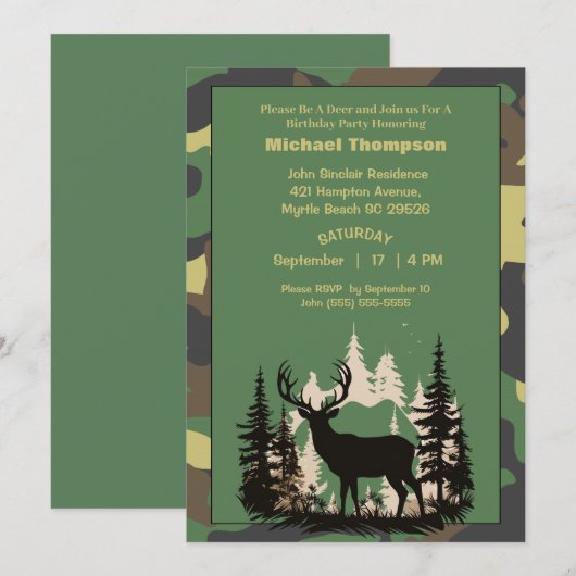 Deer Hunter Camouflage Birthday Uitnodiging (Voorkant / Achterkant)