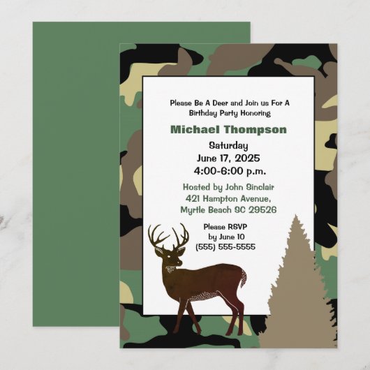 Deer Hunter Camouflage Birthday Uitnodiging (Voorkant / Achterkant)