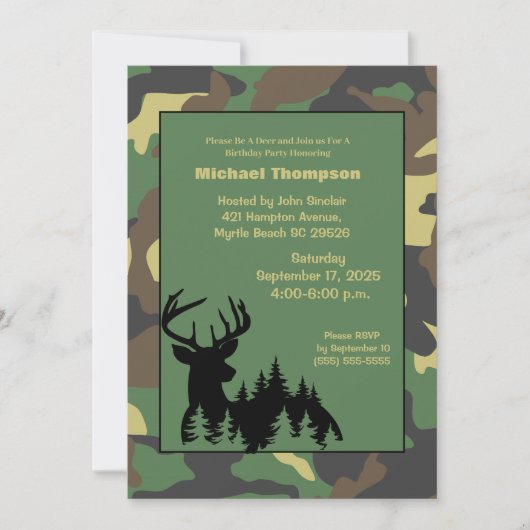 Deer Hunter Camouflage Birthday Uitnodiging (Voorkant)