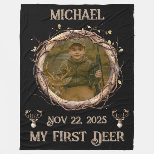 Deer Hunter First Buck Photo Date Name Keepsake Fleece Deken (Voorkant)