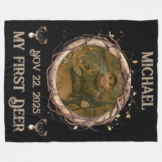 Deer Hunter First Buck Photo Date Name Keepsake Fleece Deken (Voorkant (Horizontaal))