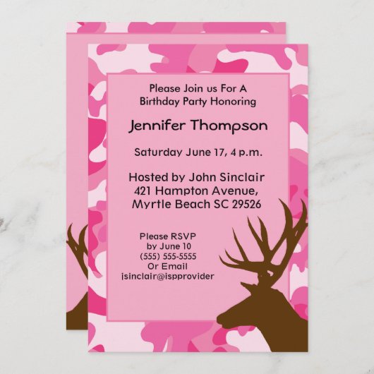 Deer Hunter Pink Camouflage Birthday Uitnodiging (Voorkant / Achterkant)