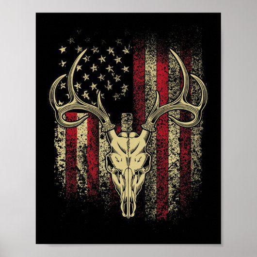 Deer Hunters Deer Skull op Amerikaanse vlag Poster (Voorkant)