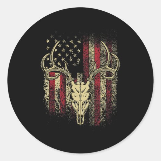 Deer Hunters Deer Skull op Amerikaanse vlag Ronde Sticker (Voorkant)