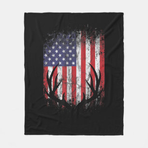 Deer Hunting American Flag Whitetail Buck Antlers Fleece Deken