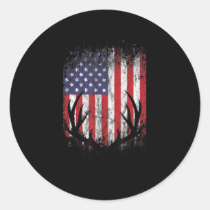 Deer Hunting American Flag Whitetail Buck Antlers Ronde Sticker