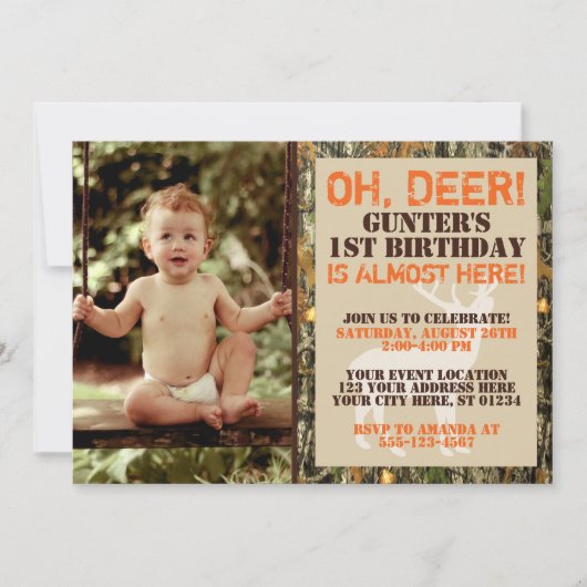 Deer Hunting Birthday Invitation with Photo - Camo Kaart (Voorkant)