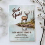 Deer Hunting Buck Yeah 40th Birthday Party Kaart<br><div class="desc">Celebrate another year buck wild with this rustic deer hunting–themed birthday party design, featuring a detailed watercolor deer standing in the woods. Perfect for outdoorsmen, hunters, and nature lovers, this design blends a rugged yet artistic woodland style with bold “Buck Yeah” birthday humor. Ideal for adult men of any age,...</div>