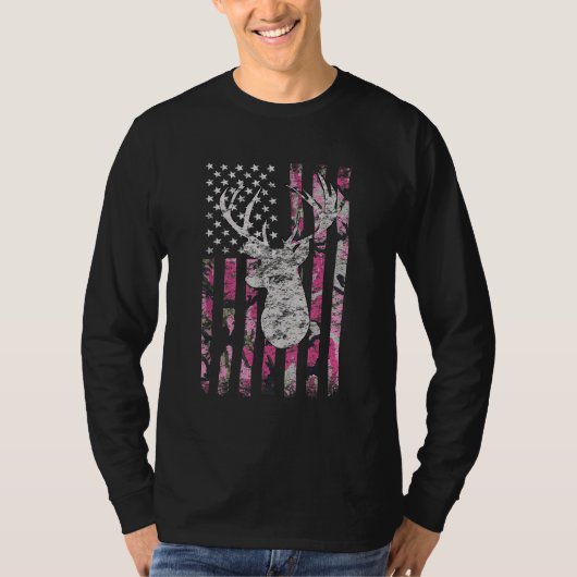 Deer Hunting Camo American Flag Pink Buck T-shirt (Voorkant)